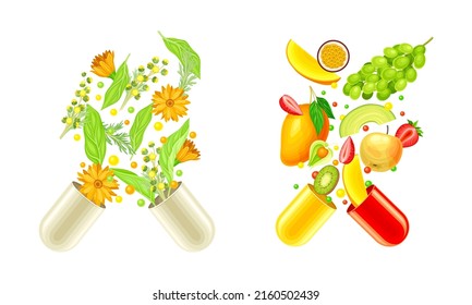 Vitamins and supplements. Open capsules with fruit, herbs and berries splashes vector illustration