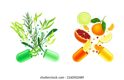 Vitamins and supplements. Open capsules with fruit and herbs splash vector illustration