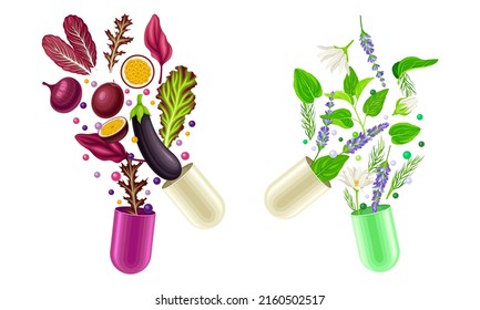 Vitamins and supplements. Open capsules with fruit, vegetables and herbs splash vector illustration