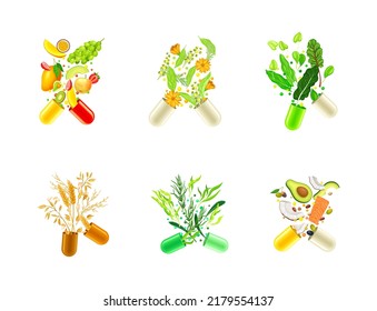 Vitamins and supplements set. Open capsules with fruit, vegetables and herbs vector illustration