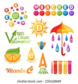 Vitamins symbols, emblems and icons for design