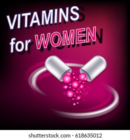 Vitamins and tablets In a capsule on a pink background. Poster