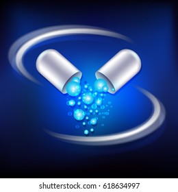 Vitamins and tablets  on  a blue background. Poster
