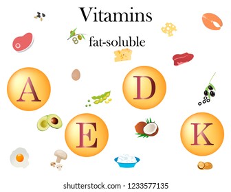 Vitamins vector. Essential vitamins in food. Healthy nutrition for human body