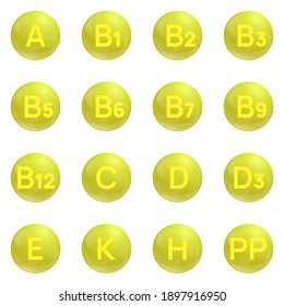 Vitamins vector icons set. Vitamin A, B1, B2, B3, B5, B6, B7, B9, B12, C, D3, E, H, K, PP.
