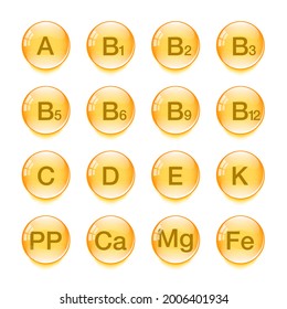 Iconos vectoriales de vitaminas. Complejo de vitamina. Señales de nutrición aisladas. Grupo de vitaminas. Ilustración del vector