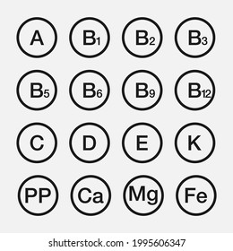 Vitamins vector icons. Vitamin complex.Nutrition signs, isolated. Vitamins group. Vector illustration