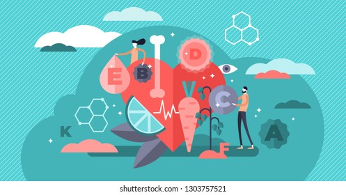 Ilustración vectorial de vitaminas. Un concepto diminuto y plano de personas de estilo de vida saludable. Alimentos orgánicos frescos como nutrición vegetariana para elementos químicos esenciales. Coma en crudo por fuerza de corazón y huesos.