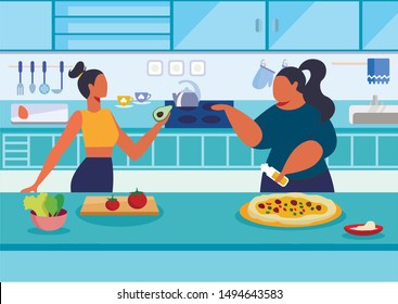 Vitamins Versus Calories Flat Vector Illustration. Slim and Fat Women in Kitchen Cartoon Characters. Women Cooking Delicious Lunch Together, Vegetarian Pizza Making Process. Healthy Nutrition