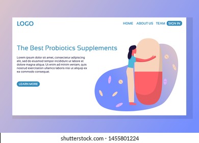 Vitamins web page concepts. Web page design template of woman hugging capsule. Modern vector illustration designs for website development.