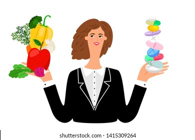 Vitamins for woman. Cute woman character with healthy food and medical food supplements, health vitamins nutrition for girl vector concept