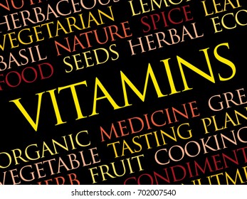 VITAMINS word cloud collage, food concept background