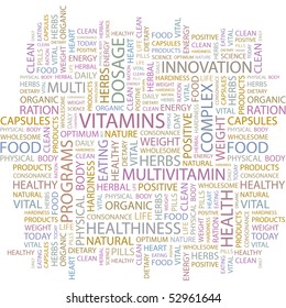VITAMINS. Word collage on white background. Vector illustration.