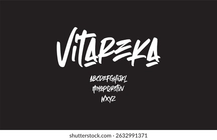 Vitareka" is a bold, energetic brush script font with a street-art vibe, perfect for designs that need a dynamic and expressive touch, like logos or posters