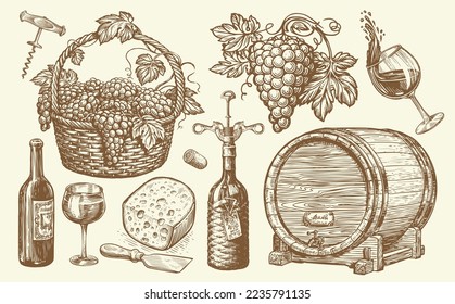 Viticulture sketch set. Wine drink concept. Barrel, wineglass, bottle, basket of grapes, cheese. Vector illustration