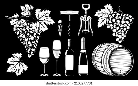 Viticulture vector set. Grapes, wine bottles and glasses, corkscrew, barrel illustration. Vineyard, traditional wine making and tasting. 
