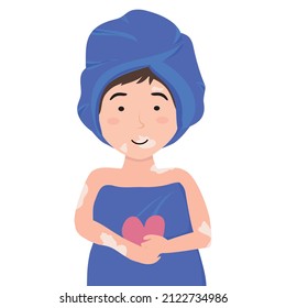 Vitiligo. Cartoon Beautiful Girl holds heart. Woman with Wrapped in a Blue Towel After Taking