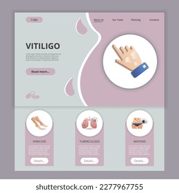 Plantilla del sitio web de la página de aterrizaje plana de Vitiligo. Varicosa, tuberculosis, watkins. Banner web con encabezado, contenido y pie de página. Ilustración vectorial.