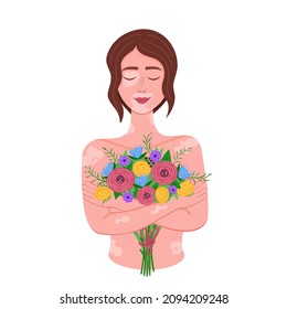 Vitiligo girl with flowers. World Vitiligo Day. Love yourself, accept your body. Vector Illustration for printing, backgrounds, cover, packaging, greeting cards, posters. Isolated on white background.