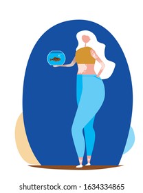 Vitiligo and a girl with white hair and an aquarium with a pigmented fish. Vector stock illustration as a concept of self-love and body positive for a dermatologist. Melanin problems and European skin