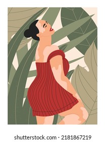 Vitiligo. Pregnant woman with vitiligo. An African woman with pigmentation on her skin, in underwear, stands and supports her lower back with her hand. Pregnancy and vitiligo. Vector illustration.