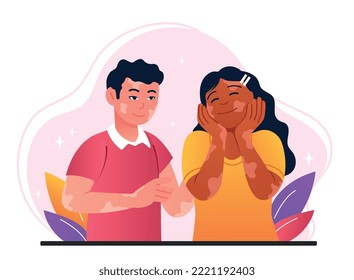 Vitiligo and skin disorder. Man and woman with white patches on their skin. Rare skin diseases, unusual people. Poster or banner for website. Tolerance and respect. Cartoon flat vector illustration