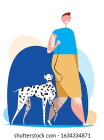 A vitiligo as skin pigmentation. A vector stock illustration with doberman dog and adult European or American man with white skin with a disease goes to a dermatologist