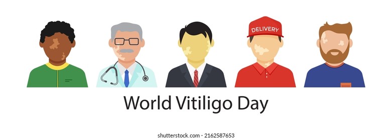Vitiligo vector character, pigmentation skin on different people, portrait of international men. World Vitiligo Day illustration