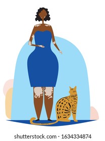 A vitiligo and a woman with black skin without a face. A vector stock illustration with african american girl and tabby cat or tiger as concept of body positive, melanin problems and skin health