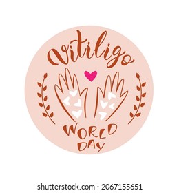 Composición de letras del Día Mundial de Vitiligo con las manos. Ilustración monocromática aislada por vectores. 