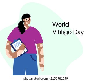 Vitiligo world day, people with pale pigmentation concept. Love your skin, body positive poster with a happy african female cartoon character. White spots on the face and body flat vector illustration