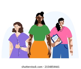 Vitiligo world day, people with pale pigmentation. Love your skin, body positive poster with happy international female cartoon characters. White spots on the face and body flat vector illustration