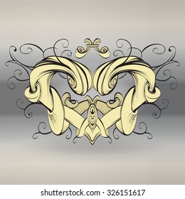 vitnazh nye elements for ornament. Valentine's Day greeting card conceptual heart of the old vintage vector kravirovka Baroque with a floral design in red heart shape thanks to the vector drawing hand