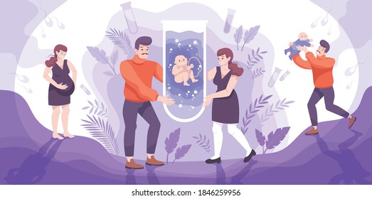 In vitro baby flat composition with doodle characters of pregnant woman child and fetus in tube vector illustration