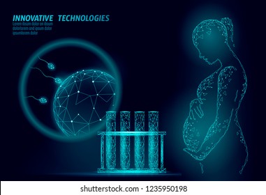 In Vitro fertilization 3D low poly. Pregnant woman medicine health care pregnancy healthy business concept. Polygonal girl holding big belly. Medical center birth help IVF modern concept