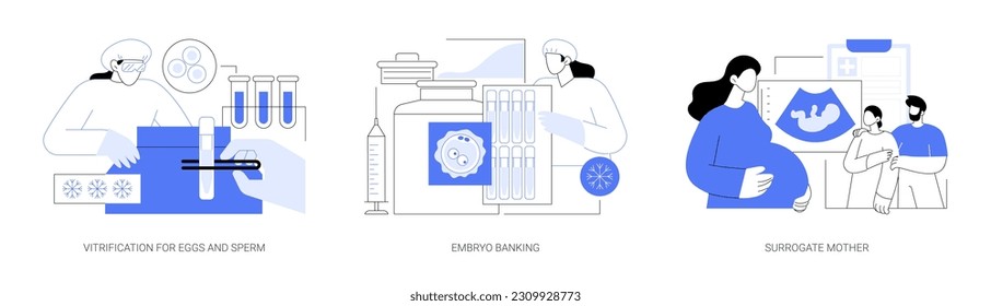 In vitro fertilization abstract concept vector illustration set. Vitrification for eggs and sperm, embryo banking, surrogate mother, reproductive medicine and infertility treatment abstract metaphor.