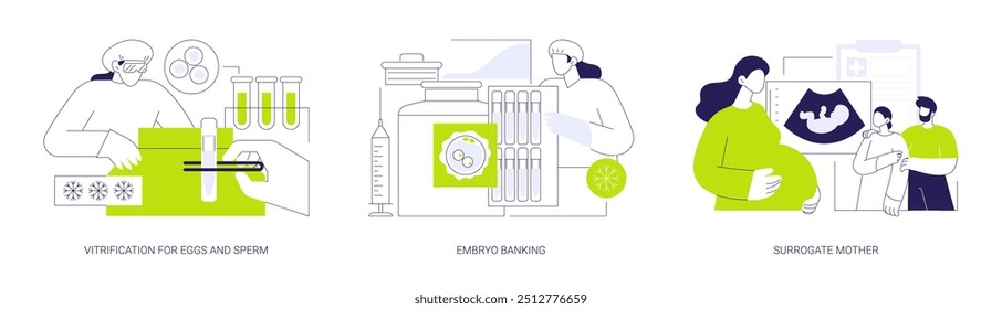 fertilização in vitro conceito abstrato vetor ilustração conjunto. Vitrificação de óvulos e espermatozoides, embrião, mãe de aluguel, medicina reprodutiva e tratamento de infertilidade metáfora abstrata.