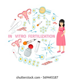 In vitro fertilization cartoon concept with pregnant woman cells female reproductive system and medical tools vector illustration