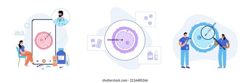 In Vitro Fertilization Concept. ICSI Technology. Online Web App, Doctor Consultation. Artificial Insemination And Pregnancy Concept. Human Egg Cell Icon. IVF Medical Poster Flat Vector Illustration.