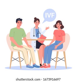 In vitro fertilization concept. Young couple having a doctor consultation. Female and male reproductive health. Vector illustration in cartoon style