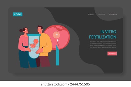 In vitro fertilization dark or night mode web, landing. Hopeful couple observing IVF procedure, with embryo displayed in tube, ovum fertilization. Pathway to parenthood. Flat vector illustration