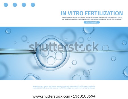 In Vitro Fertilization Horizontal Banner. Human Fertilized Egg in Laboratory Petri Dish. Artificial Insemination ICSI Ovum Cell with Needle and Sperm. IVF. Vector Realistic Illustration, Copy Space.