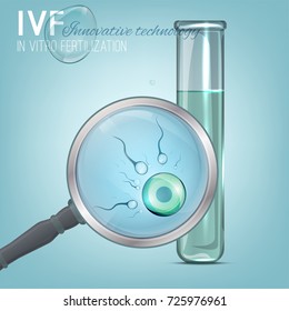 In Vitro Fertilization image with glass tube and magnifier. Beautiful photo-realistic vector illustration in light blue colours. Medical, scientific and healthcare concept.