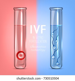 In Vitro Fertilization image with glass tubes. Beautiful photo-realistic vector illustration in light blue and pink colours. Medical, scientific and healthcare concept.