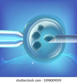 In vitro fertilization IVF, the egg, ovum, pipette and pipe horizontal, reproduction in humans illustration for an article, site, typography magazine, brochure, flyer, poster. Blue science background.