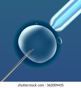 In vitro fertilization (IVF), the egg (ovum), pipette and pipe diagonal, reproduction in humans illustration for an article, site or typography (magazine, brochure, flyer, poster), blue.