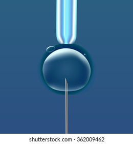 In vitro fertilization (IVF), the egg (ovum), pipette and pipe vertical, reproduction in humans illustration for an article, site or typography (magazine, brochure, flyer, poster), blue