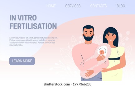 In vitro fertilization landing page. Сouple of people with newborn baby in their arms. Happy young parents. Universal template for the information site of clinics, hospitals. Vector illustration, flat