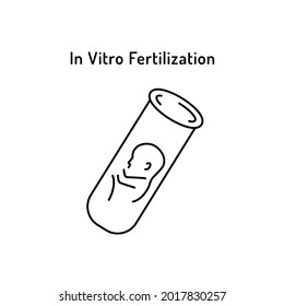 In Vitro Fertilization linear medical icon with text. Abstract vector illustration of fetus in test tube symbol. Logo template for human reproduction or artificial insemination, gynecology, obstetrics