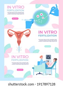 In vitro fertilization medical banners set, modern medicine, artificial pregnancy, design cartoon style vector illustration. Background information, scientific process, woman on medical examination.